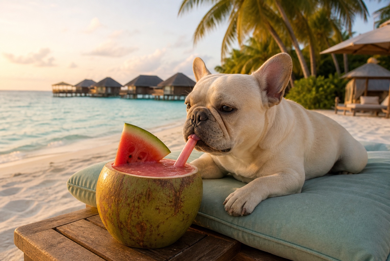 A French bulldog relaxing on a tropical beach